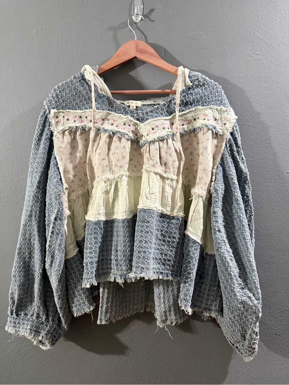 NWOT. POL Boho Patchwork Waffle-Knit Hoodie in Blue Denim and Cream